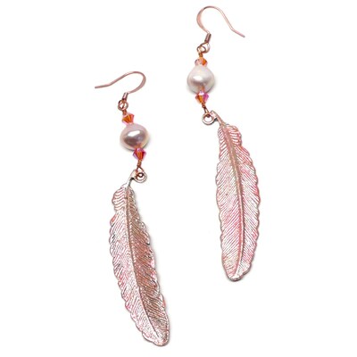 Painted Blush-Coral Pewter Feather Copper Earrings - image2